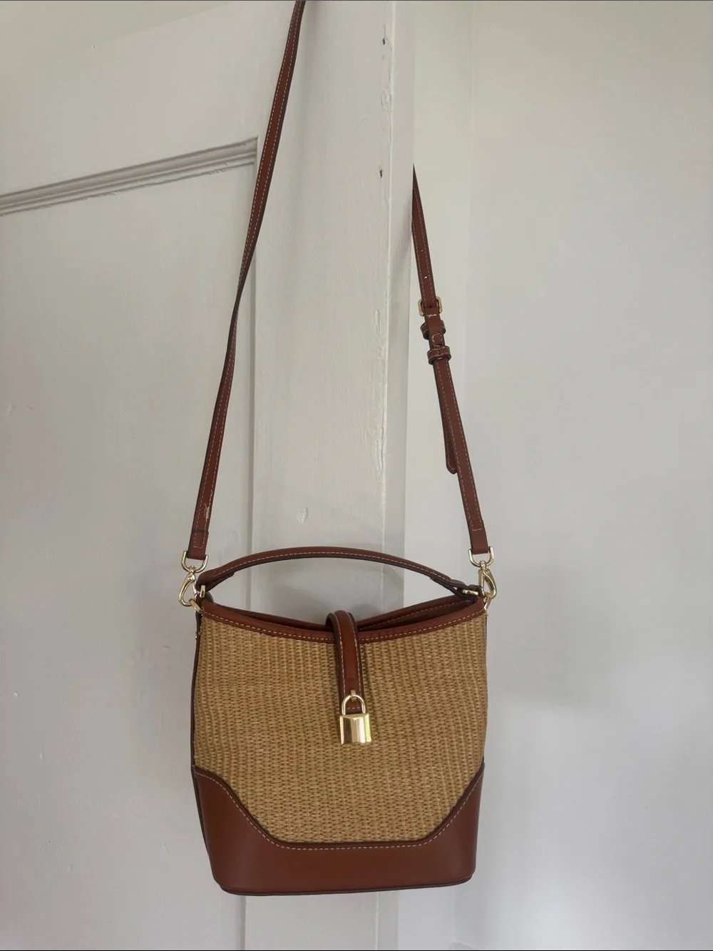 Mango Tan and Brown Raffia Bucket Bag